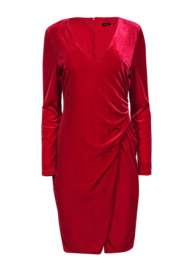 Current Boutique-Black Halo - Red Velvet Ruched Long Sleeve Bodycon Dress Sz 12