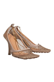 Current Boutique-Bottega Veneta - Nude Mesh Heels w/ Gold Ankle Strap Sz 7