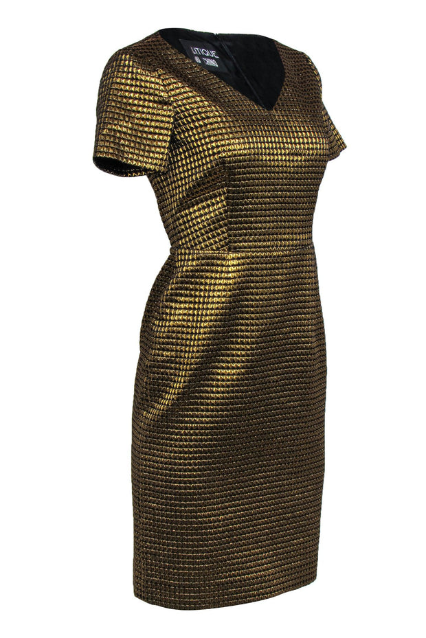 Current Boutique-Boutique Moschino - Gold Short Sleeve Geo Print V-Neck Dress Sz 6