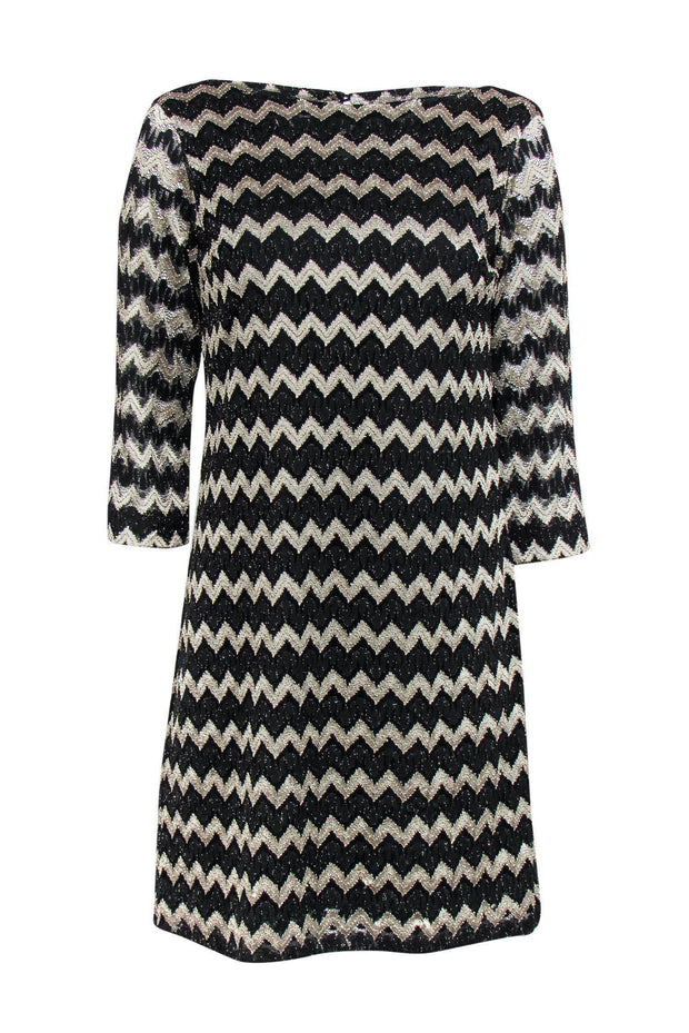 Current Boutique-Britt Ryan - Black & Gold Chevron Print Shift Dress Sz 2