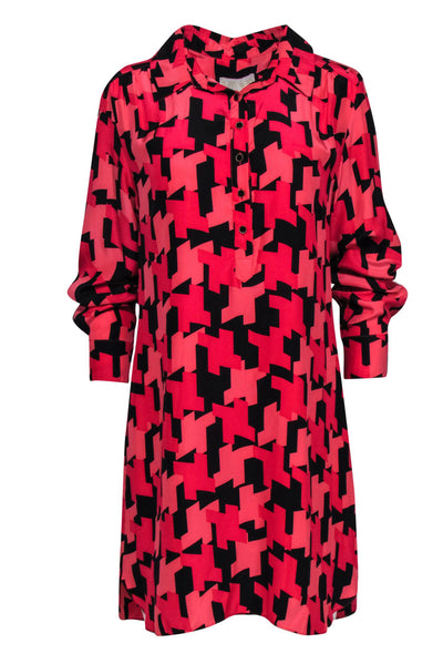 Current Boutique-Britt Ryan - Pink & Black Herringbone Print Button-Front Shift Dress Sz L