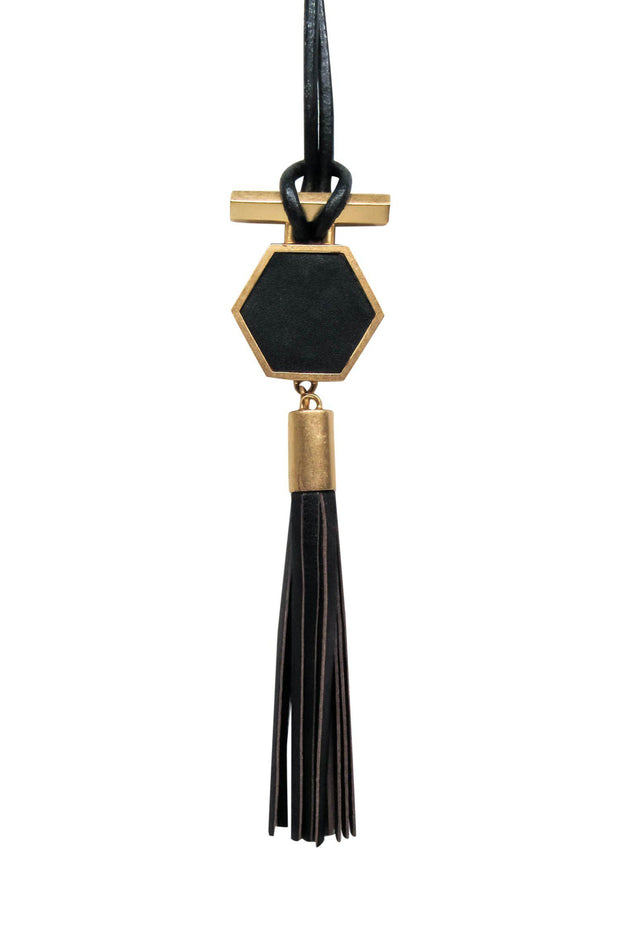 Current Boutique-Brooks Brothers - Black Leather & Gold Hexagonal Tassel Necklace