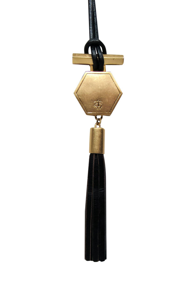 Current Boutique-Brooks Brothers - Black Leather & Gold Hexagonal Tassel Necklace