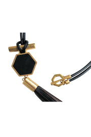 Current Boutique-Brooks Brothers - Black Leather & Gold Hexagonal Tassel Necklace