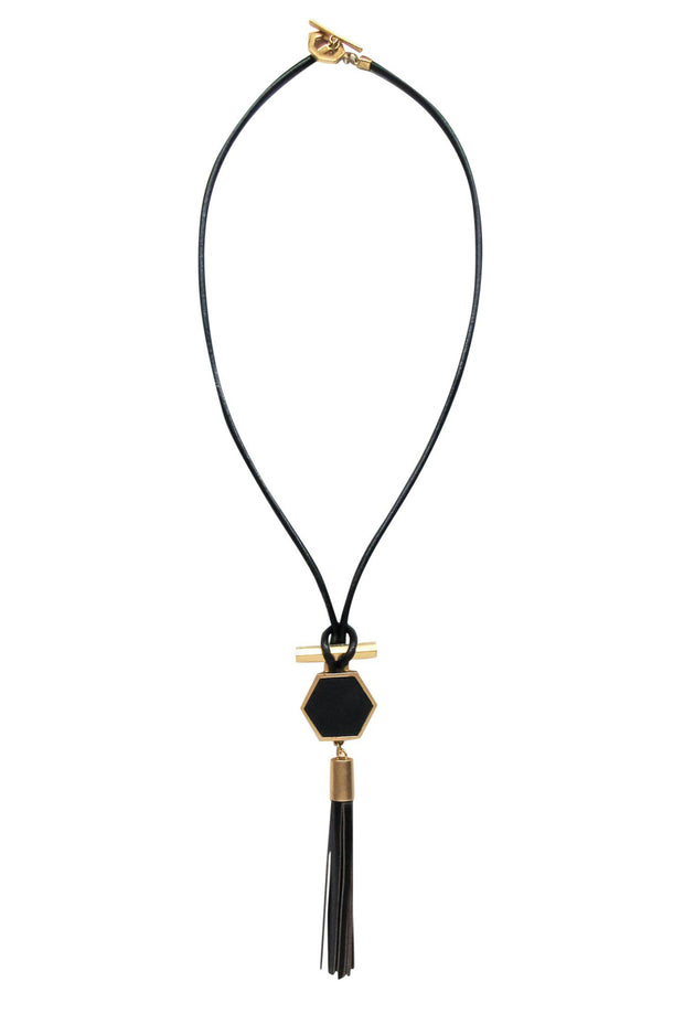 Current Boutique-Brooks Brothers - Black Leather & Gold Hexagonal Tassel Necklace