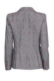 Current Boutique-Brooks Brothers - Grey Plaid Cotton & Wool Double Breasted Blazer w/ Orange Flowers Sz 8