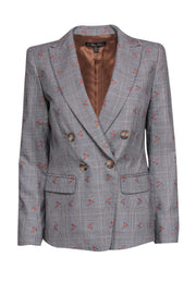 Current Boutique-Brooks Brothers - Grey Plaid Cotton & Wool Double Breasted Blazer w/ Orange Flowers Sz 8