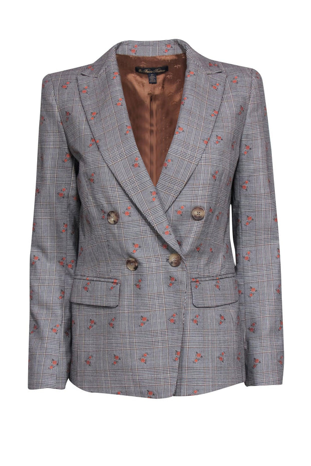 Current Boutique-Brooks Brothers - Grey Plaid Cotton & Wool Double Breasted Blazer w/ Orange Flowers Sz 8