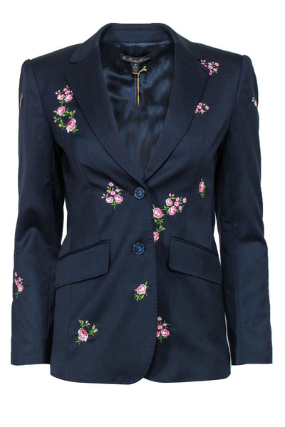 Current Boutique-Brooks Brothers - Navy Floral Embroidered Button-Up Wool Blend Blazer Sz 4P