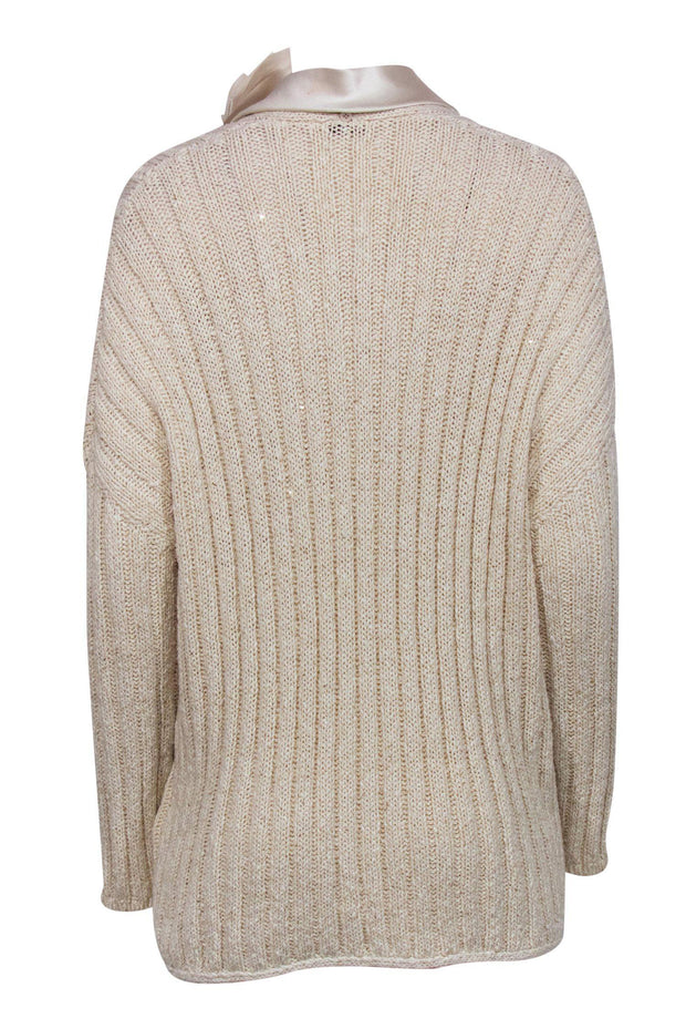 Current Boutique-Brunello Cucinelli - Cream Knit Longline Cardigan w/ Satin Neck Tie & Sequins Sz S