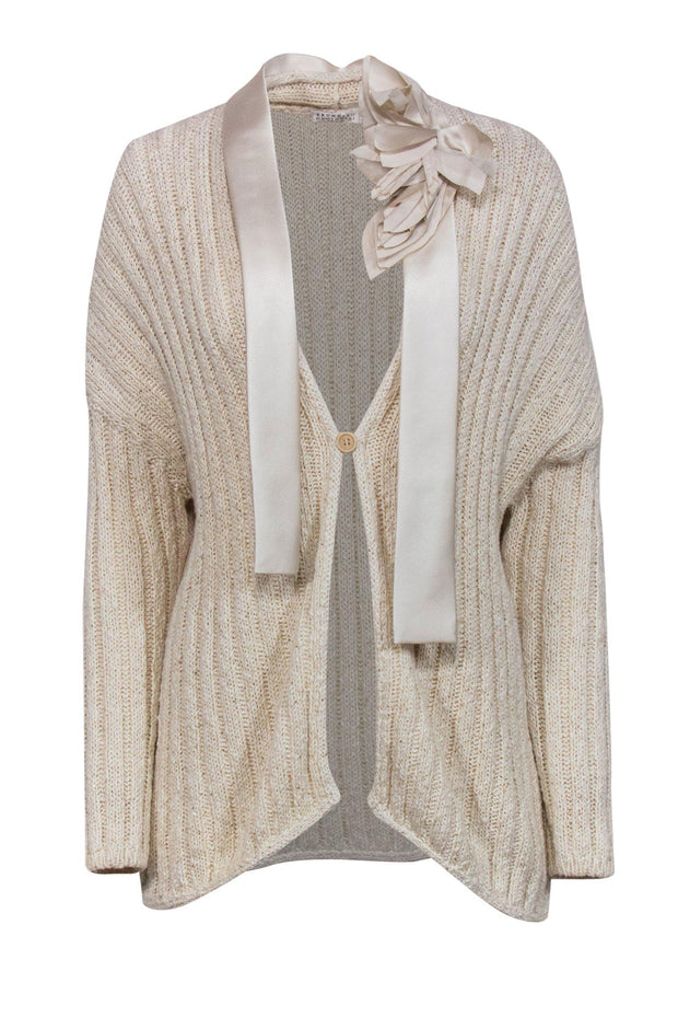 Current Boutique-Brunello Cucinelli - Cream Knit Longline Cardigan w/ Satin Neck Tie & Sequins Sz S