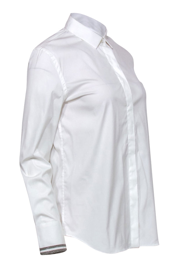 Current Boutique-Brunello Cucinelli - White Cotton Blend Collared Blouse w/ Beaded Cuffs Sz L