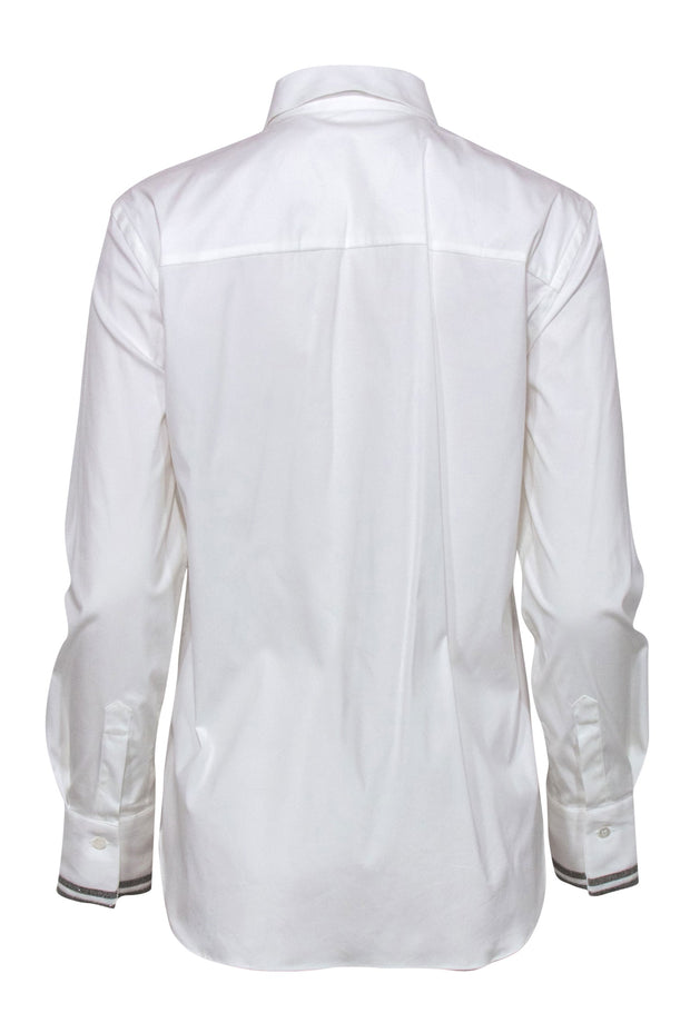 Current Boutique-Brunello Cucinelli - White Cotton Blend Collared Blouse w/ Beaded Cuffs Sz L