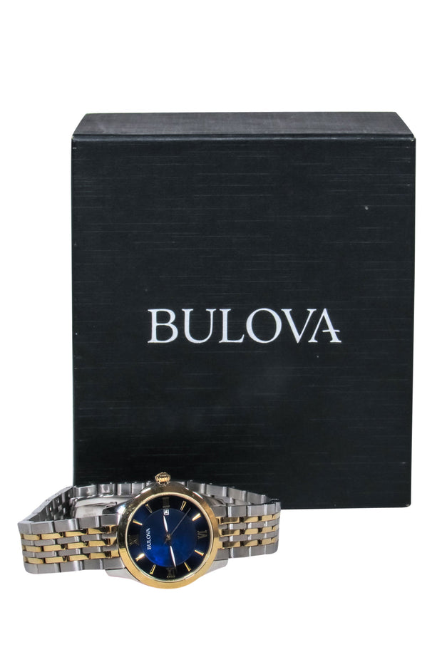 Current Boutique-Bulova - Silver & Gold Chain Link Watch w/ Navy Face