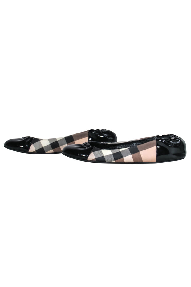 Current Boutique-Burberry - Black, Tan, Red, & White Tartan Ballet Flat w/ Patent Leather Details Sz 10