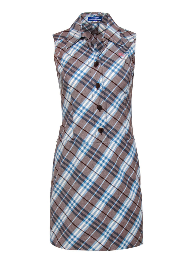 Current Boutique-Burberry Blue Label - Light Brown, Blue & White Tartan Print Sheath Dress Sz 4