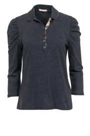 Current Boutique-Burberry Brit - Charcoal Puff Sleeve Half Button-Up Polo Top Sz L