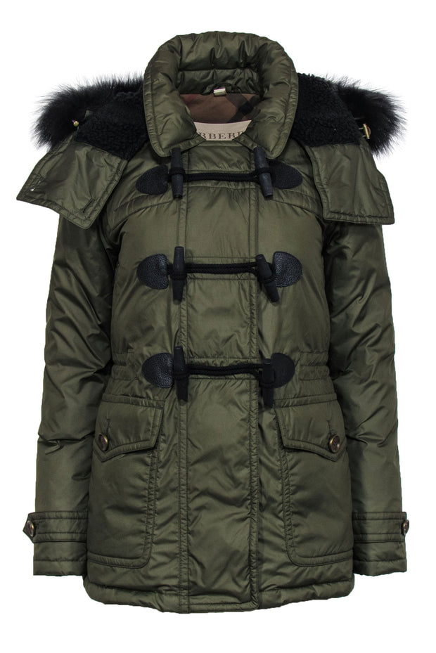 Current Boutique-Burberry Brit - Olive Zip-Up Hooded Puffer Coat w/ Toggles & Faux Fur Trim Sz S