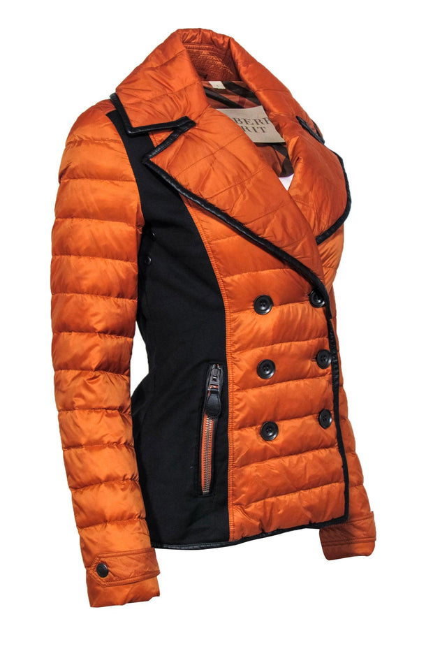 Current Boutique-Burberry Brit - Orange Goose Down Puffer Double Breasted Jacket w/ Leather Trim Sz S