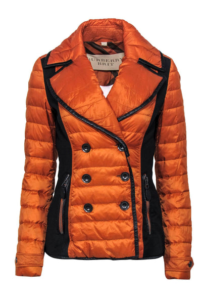 Current Boutique-Burberry Brit - Orange Goose Down Puffer Double Breasted Jacket w/ Leather Trim Sz S