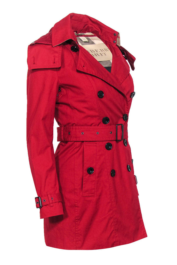 Current Boutique-Burberry Brit - Red Double Breasted Hooded Trench Coat w/ Removable Lining Sz 2