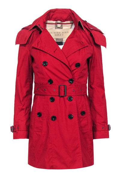 Current Boutique-Burberry Brit - Red Double Breasted Hooded Trench Coat w/ Removable Lining Sz 2