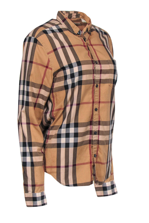 Current Boutique-Burberry Brit - Tan, Maroon & Black Tartan Print Button-Up Blouse Sz S