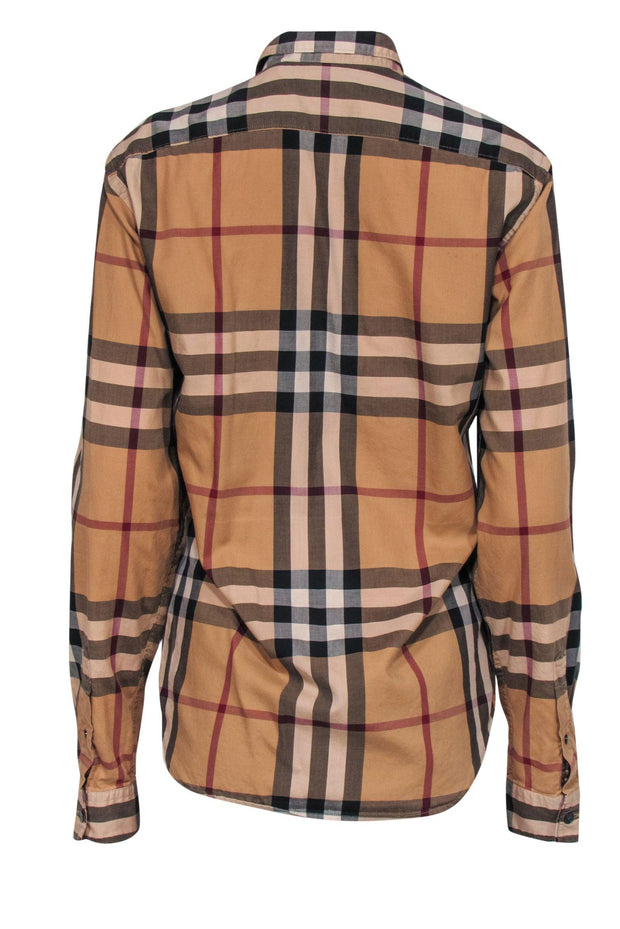 Current Boutique-Burberry Brit - Tan, Maroon & Black Tartan Print Button-Up Blouse Sz S