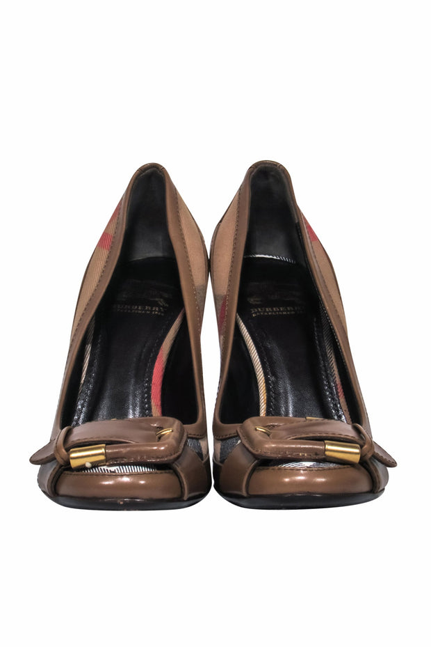 Current Boutique-Burberry - Brown Plaid Leather Pumps w/ Buckle Detail Sz 5