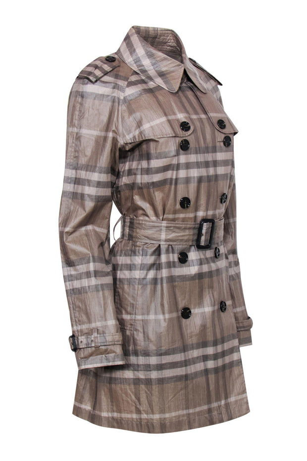 Current Boutique-Burberry - Brown Tartan Plaid Double Breasted Belted Trench Coat w/ Sheen Sz 10