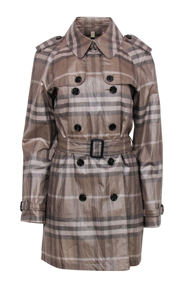 Current Boutique-Burberry - Brown Tartan Plaid Double Breasted Belted Trench Coat w/ Sheen Sz 10