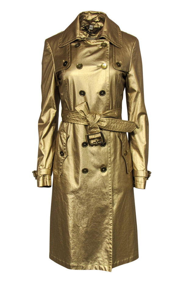 Current Boutique-Burberry - Gold Shimmery Double Breasted Trench Coat w/ Belt Sz 8