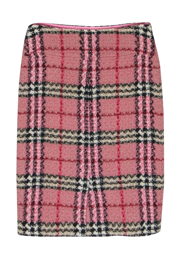 Current Boutique-Burberry - Pink & Red Tartan Print Tweed Wool Pencil Skirt Sz 4