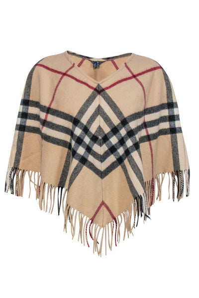 Current Boutique-Burberry - Tan Tartan Plaid Fringe Poncho Sz M