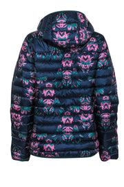 Current Boutique-Burton - Navy, Pink & Teal Floral Print Button-Up Hooded Puffer Jacket Sz M