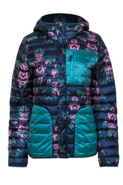 Current Boutique-Burton - Navy, Pink & Teal Floral Print Button-Up Hooded Puffer Jacket Sz M