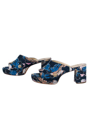 Current Boutique-Butter - Dark Wash Denim Peep Toe Mule Pumps w/ Floral Appliques Sz 8