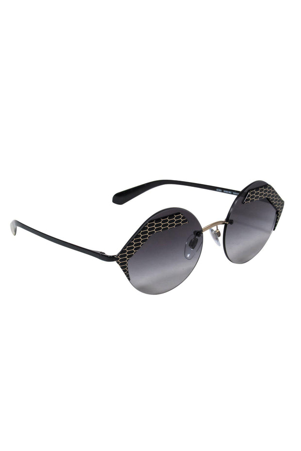 Current Boutique-Bvlgari - Black Round Sunglasses w/ Geometric Print Trim