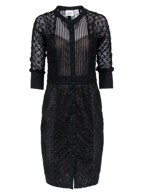 Current Boutique-Byron Lars - Black Lace & Knit Quarter Sleeve Button-Up Sheath Dress Sz 6