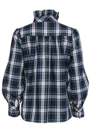 Current Boutique-CK Bradley - Green, Blue & White Plaid Long Sleeve Top w/ Ruffle Sz S