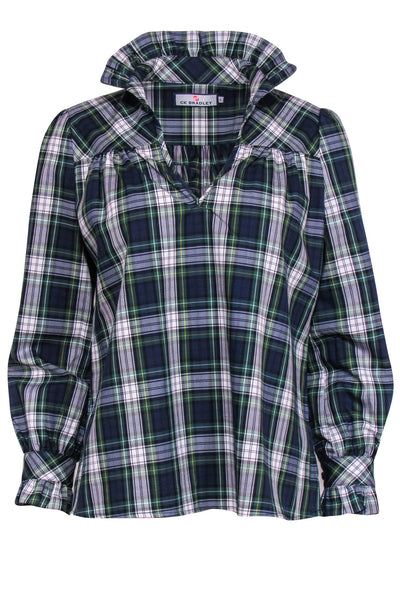 Current Boutique-CK Bradley - Green, Blue & White Plaid Long Sleeve Top w/ Ruffle Sz S