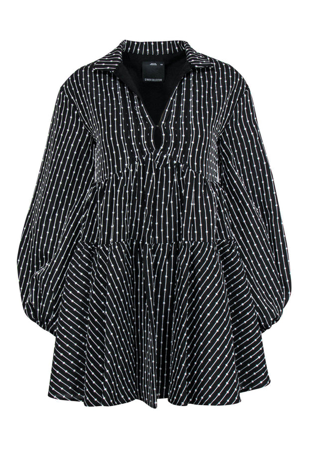 Current Boutique-C/MEO Collective - Black Puffed Sleeve Shift Dress w/ Knotted & Striped Embroidery Sz XXS