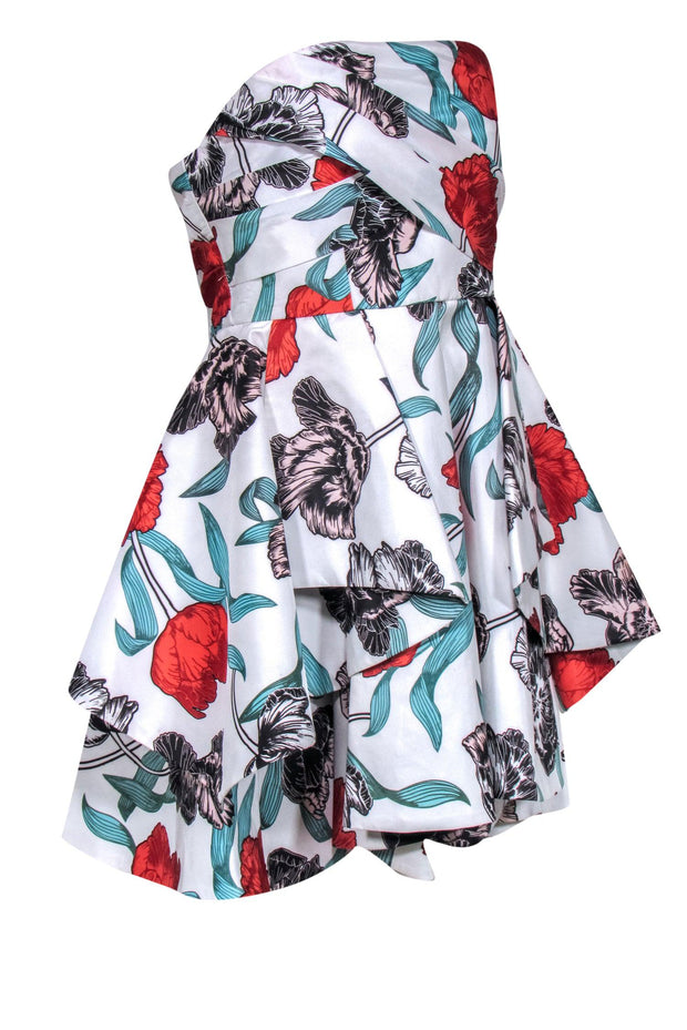 Current Boutique-C/MEO Collective - White Strapless Floral Print Layered Ruffle Mini Dress Sz L