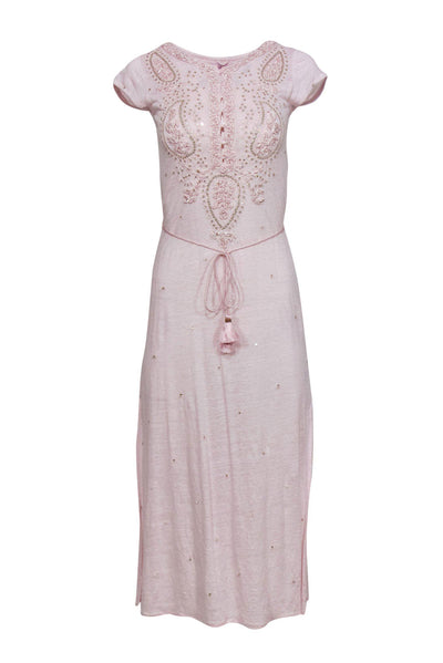 Current Boutique-Calypso - Light Pink Embroidered & Sequin Belted Linen "Dimitra" Maxi Dress Sz XS