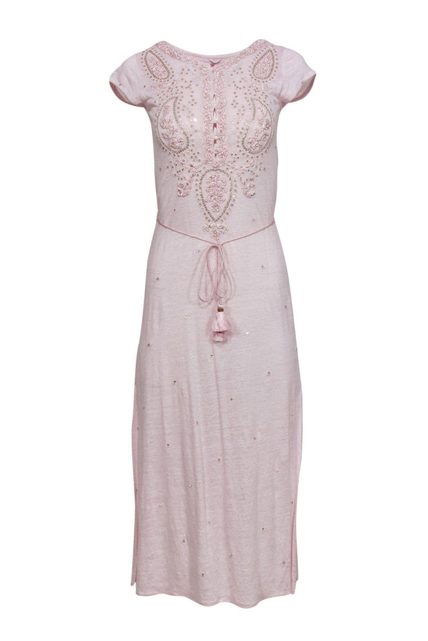 Current Boutique-Calypso - Light Pink Embroidered & Sequin Belted Linen "Dimitra" Maxi Dress Sz XS