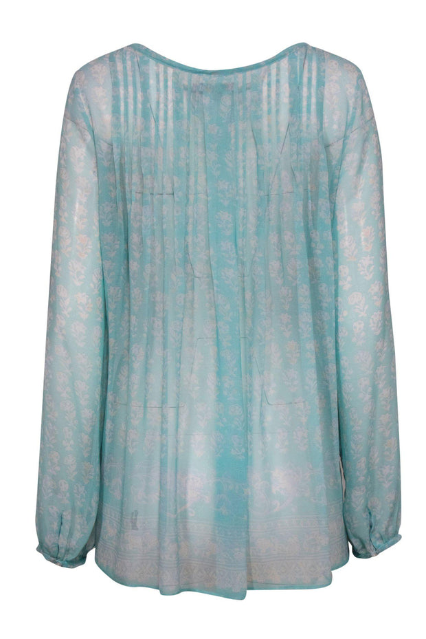 Current Boutique-Calypso - Mint Green Floral Print Long Sleeve Sheer Blouse Sz L