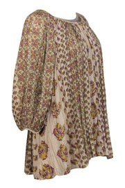 Current Boutique-Calypso - Tan, Yellow & Purple Paisley Cotton Balloon Sleeve Tunic Top Sz S