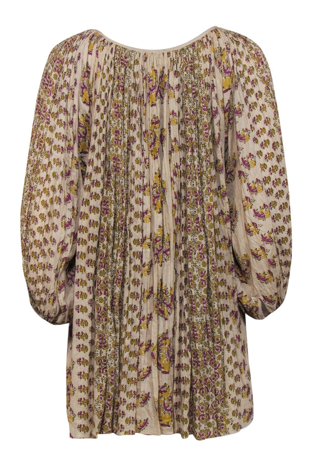 Current Boutique-Calypso - Tan, Yellow & Purple Paisley Cotton Balloon Sleeve Tunic Top Sz S