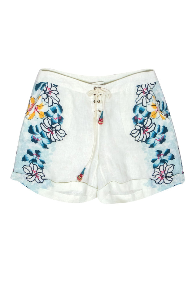 Current Boutique-Calypso - White & Multicolor Floral Print High Waist Linen “Hatteras” Shorts Sz S