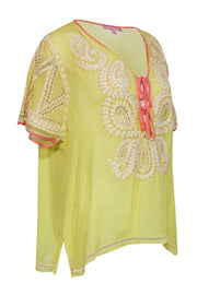 Current Boutique-Calypso - Yellow & Coral Crepe Silk Tunic w/ Embroidery & Beading Sz XS